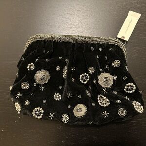 Anthropologie Black Velvet Clutch with Silver Beading + Gold Chain